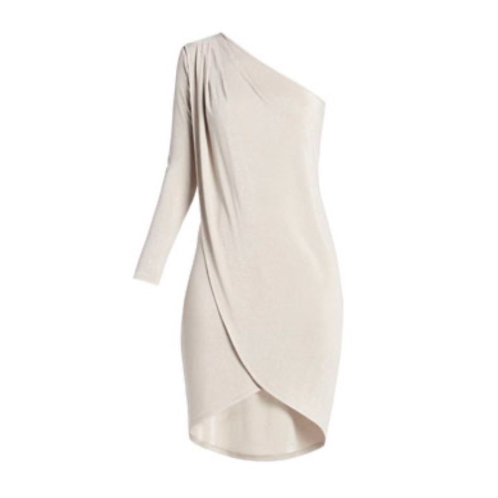 BCBGMAXAZRIA Jolee One Shoulder Tulip Hem Dress Champagne | Size S
